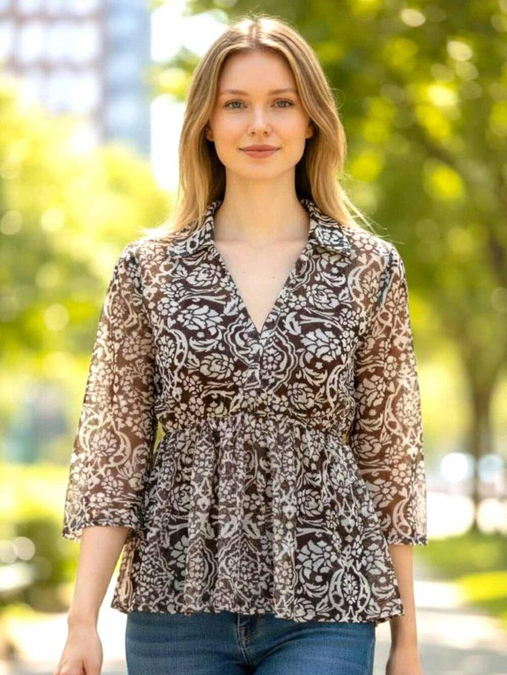 INC Brown & White Paisley Collared V-Neck Sheer 3/4 Sleeve Blouse Size M GUC